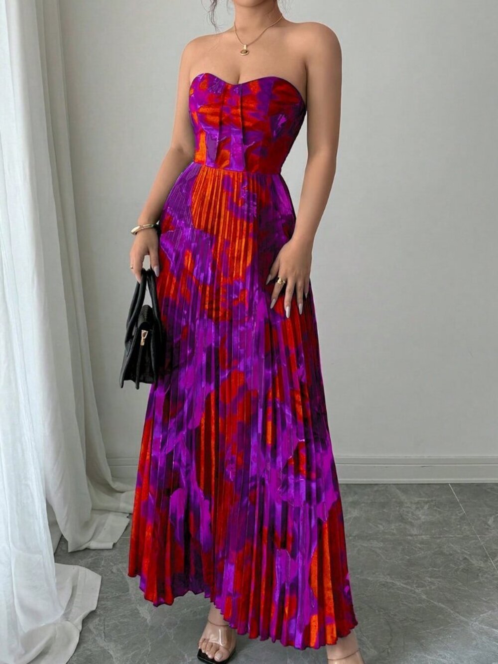Purple Casual Women's Bandeau Waist-Cinched Pleated Full Print Dress - Picture 6 of 6